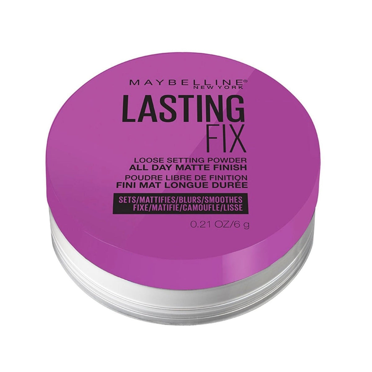 Refect Beauty Maybelline Lasting Fix loose setting powder in a round container with a bright pink lid