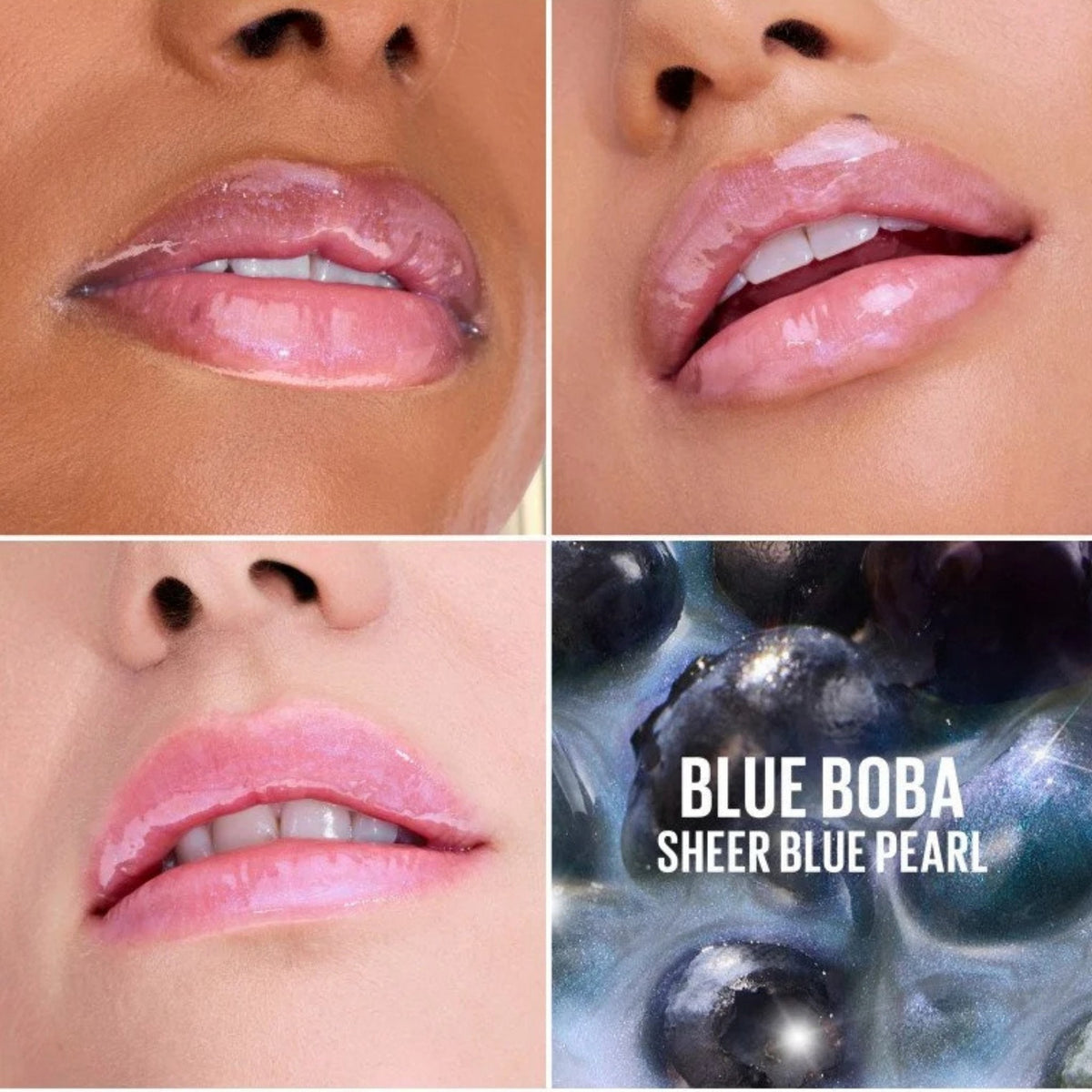 Refect Beauty Maybelline Lifter Gel Lip Oil-in-Gel in Blue Boba shade showing a glossy sheer blue pearl finish on lips.