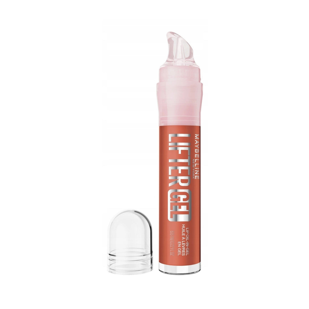 Refect Beauty Maybelline Lifter Gel Lip Oil-in-Gel in a coral shade with a click-twist pen applicator and clear cap.