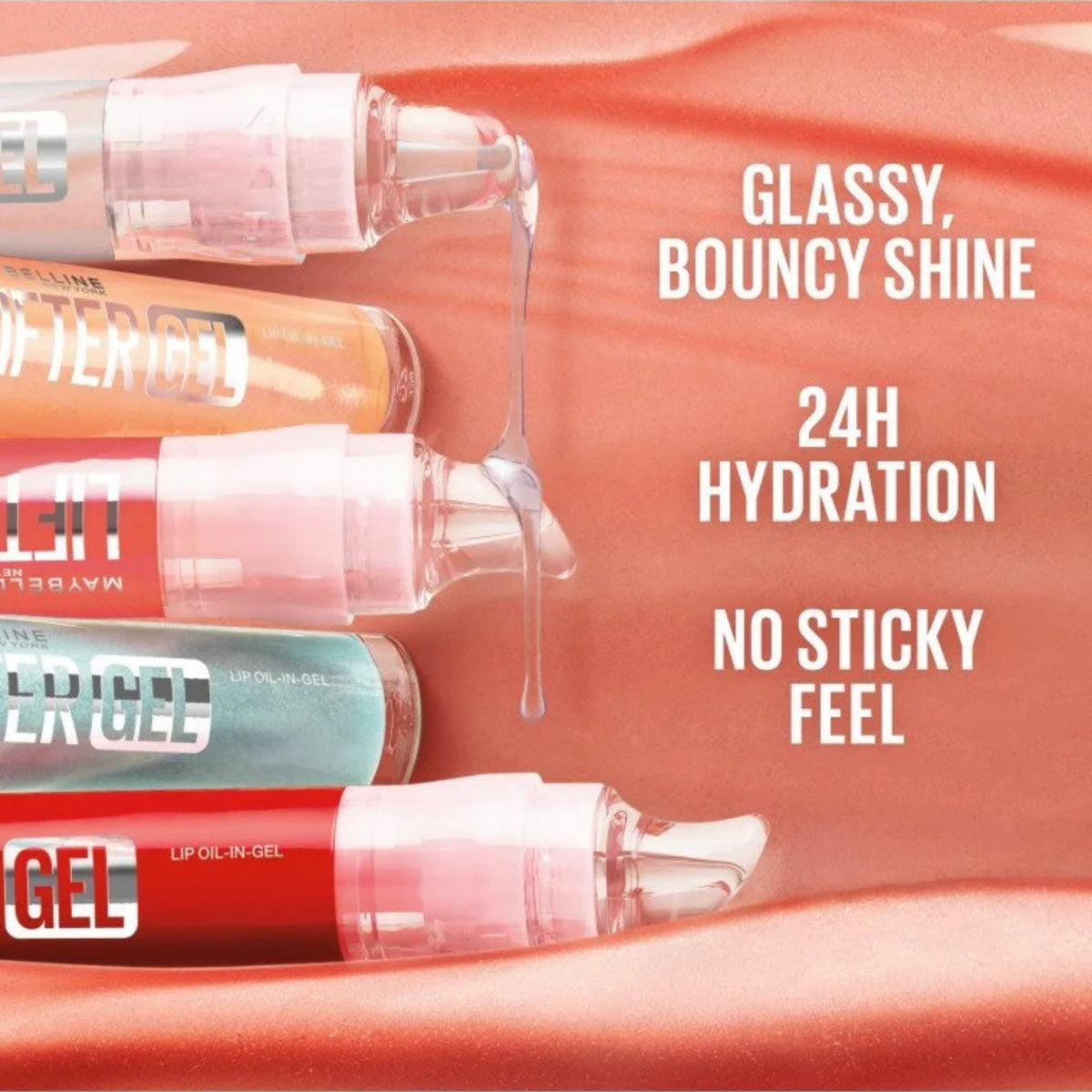 Refect Beauty Maybelline Lifter Gel lip oil-in-gel pens in various shades with a glossy, non-sticky texture.