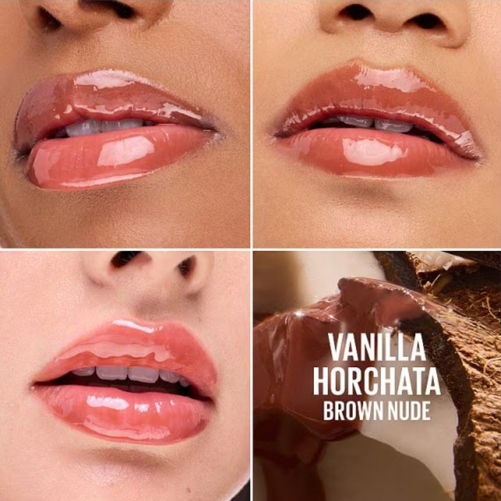 Refect Beauty Maybelline Lifter Gel lip oil in Vanilla Horchata brown nude shade on lips with a high-gloss finish.
