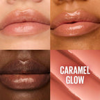 Refect Beauty Maybelline Lifter Glaze Lip Balm in Caramel Glow shade showing sheer tinted glossy finish on lips
