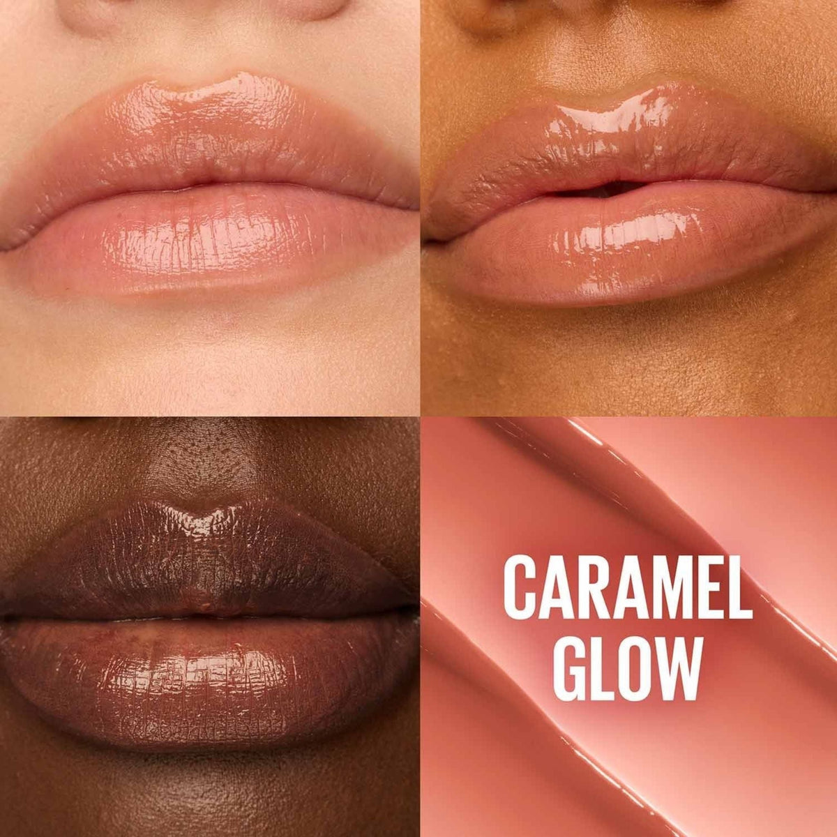 Refect Beauty Maybelline Lifter Glaze Lip Balm in Caramel Glow shade showing sheer tinted glossy finish on lips