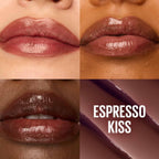 Refect Beauty Maybelline Lifter Glaze Lip Balm in Espresso Kiss shade showing glossy brown tinted finish on lips