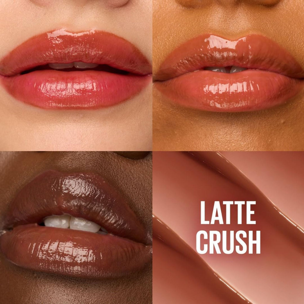 Refect Beauty Maybelline Lifter Glaze Lip Balm in Latte Crush showing glossy, hydrated lips in various skin tones.