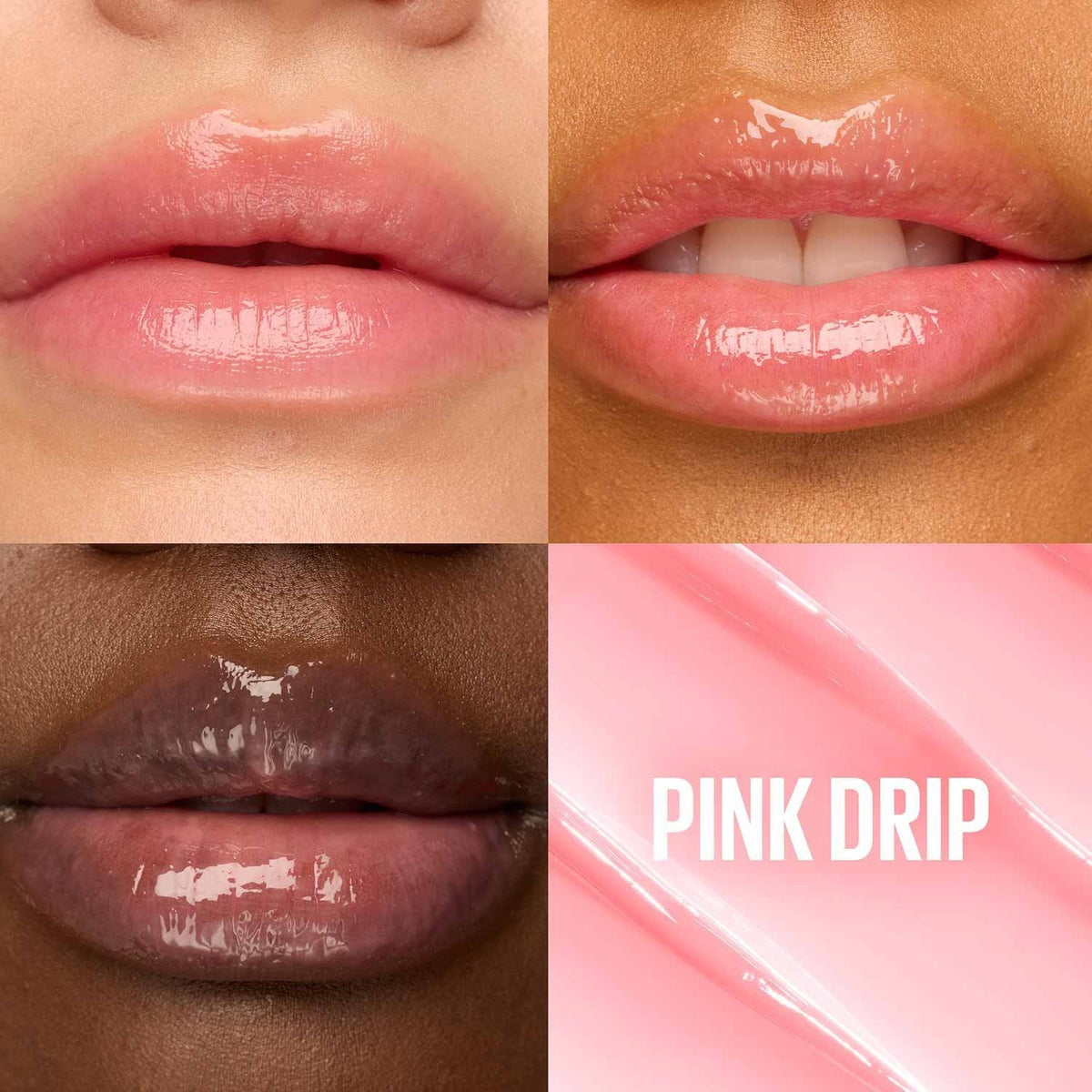 Refect Beauty Maybelline Lifter Glaze Lip Balm in Pink Drip shade shown on diverse skin tones for a glossy finish