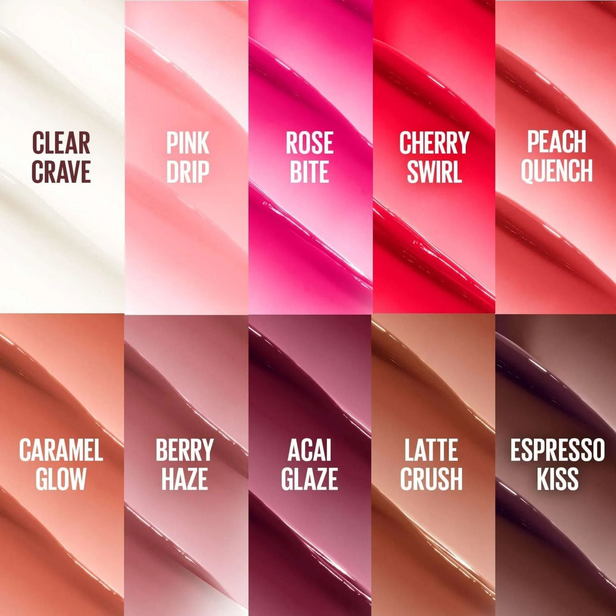 Refect Beauty Maybelline Lifter Glaze Lip Balm collection featuring 10 glossy, tinted shades in a hydrating formula.