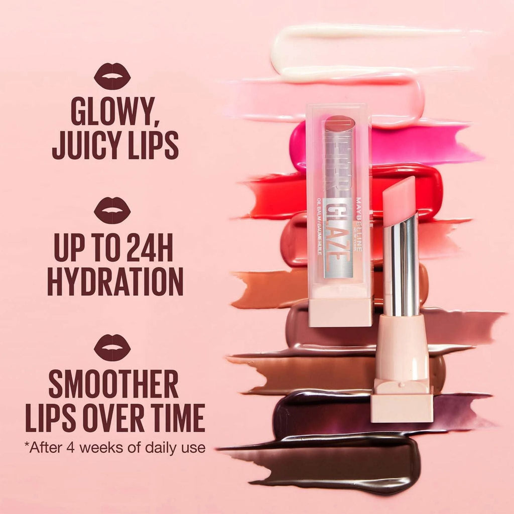 Refect Beauty Maybelline Lifter Glaze hydrating lip balm with swatches of various tinted shades on a pink background