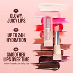 Refect Beauty Maybelline Lifter Glaze hydrating lip balm with swatches of various tinted shades on a pink background