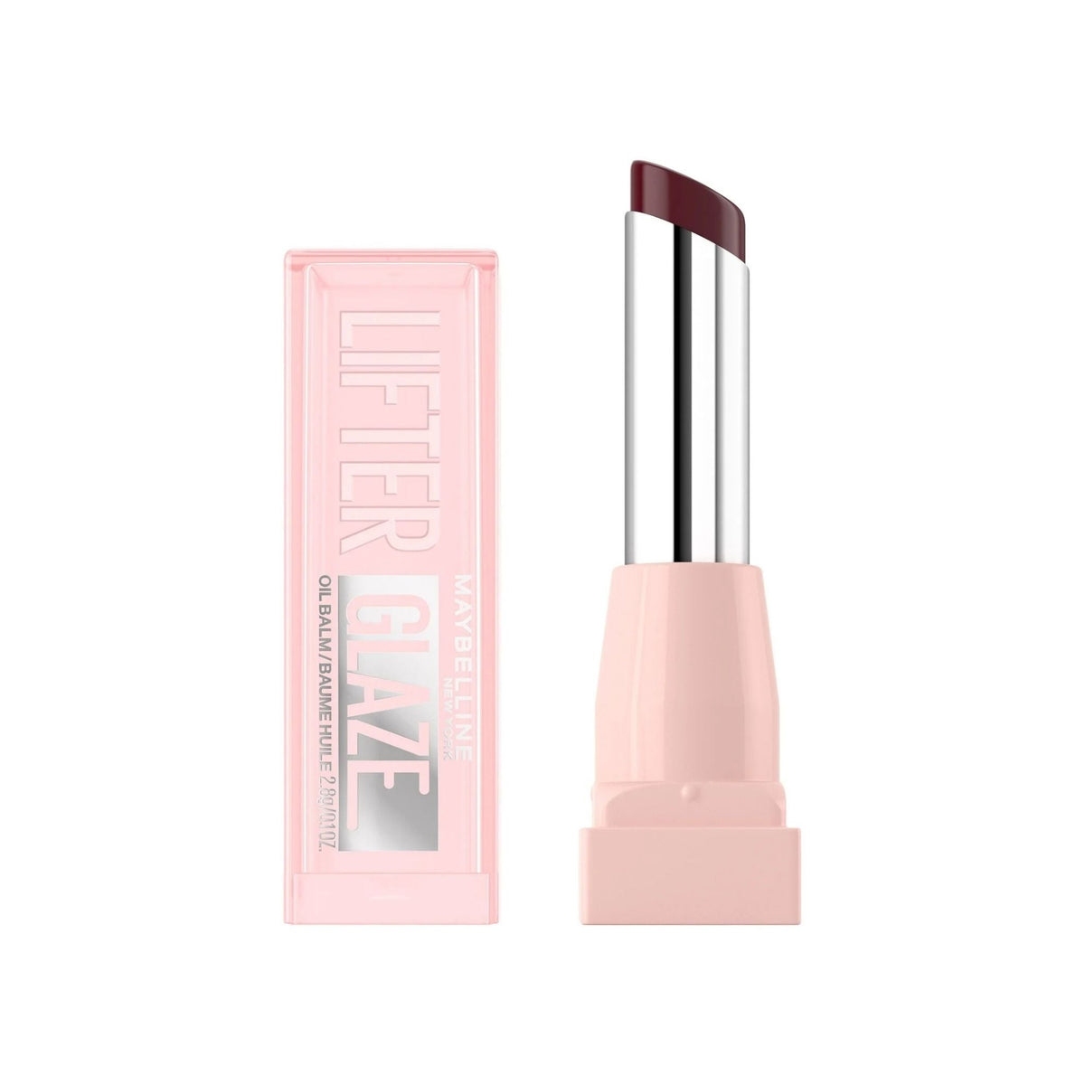 Refect Beauty Maybelline Lifter Glaze hydrating tinted lip oil balm in a deep berry shade with light pink packaging