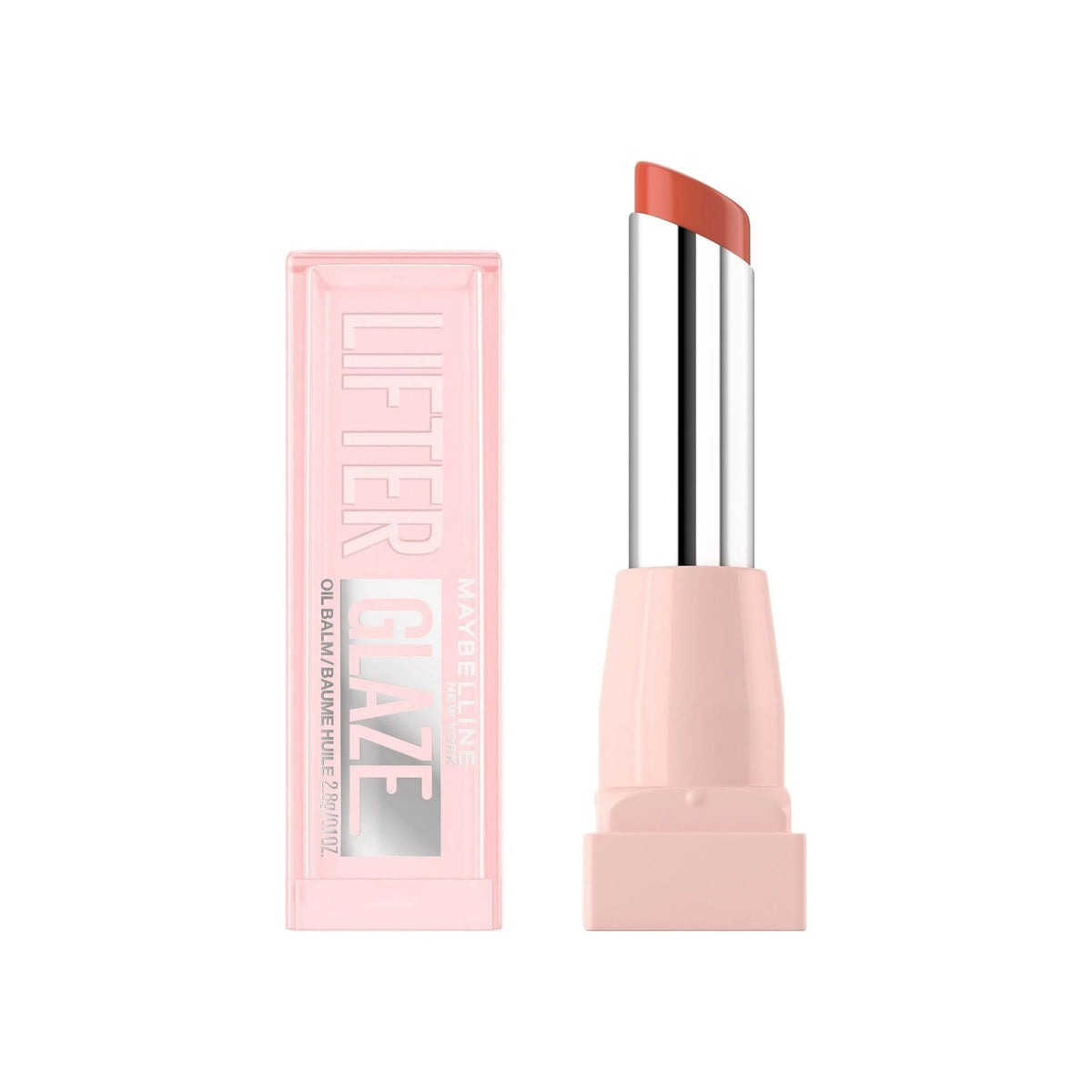 Refect Beauty Maybelline Lifter Glaze tinted lip balm in a soft pink tube with a coral-toned hydrating oil balm.