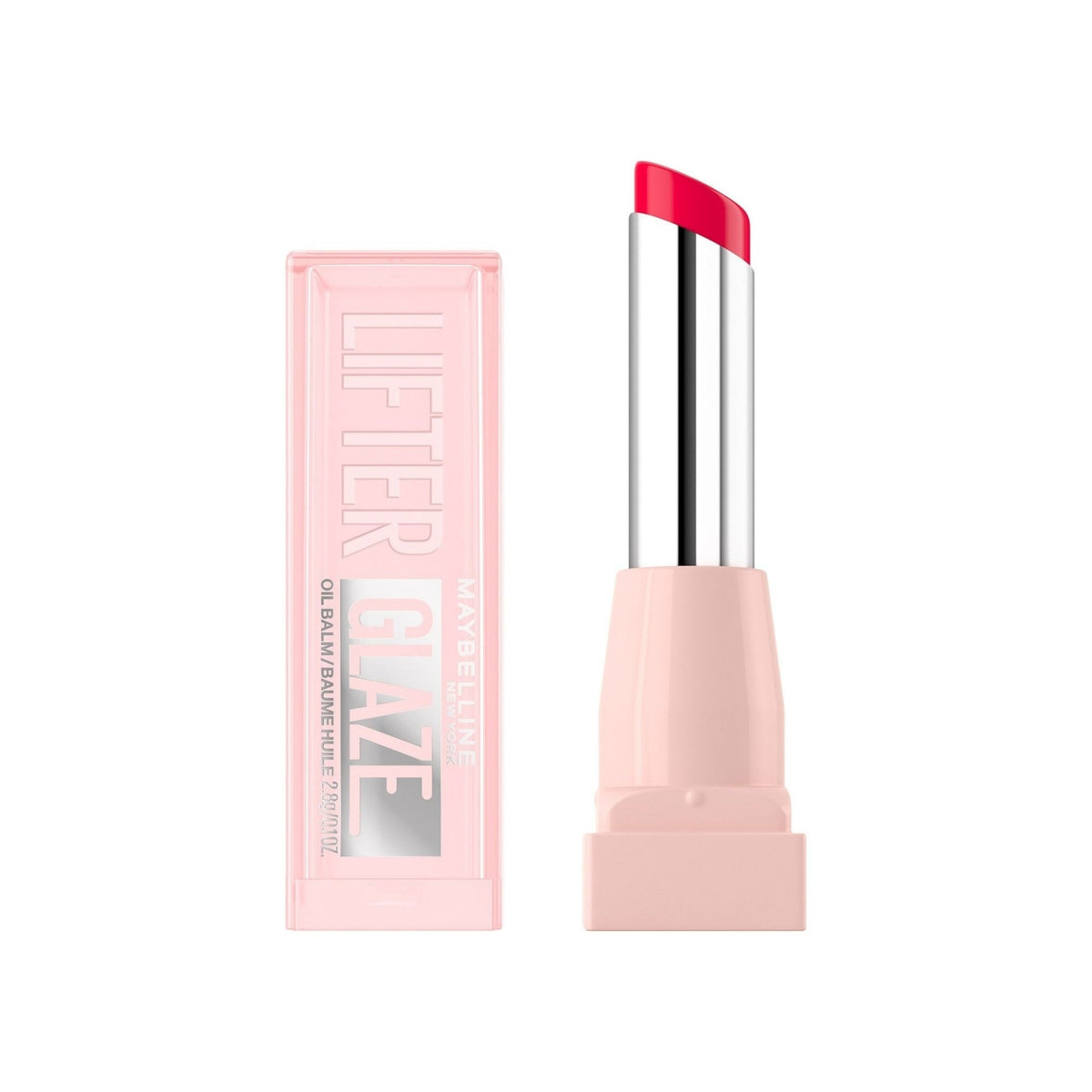 Refect Beauty Maybelline Lifter Glaze hydrating lip oil balm in a bright pink shade with a light pink tube.