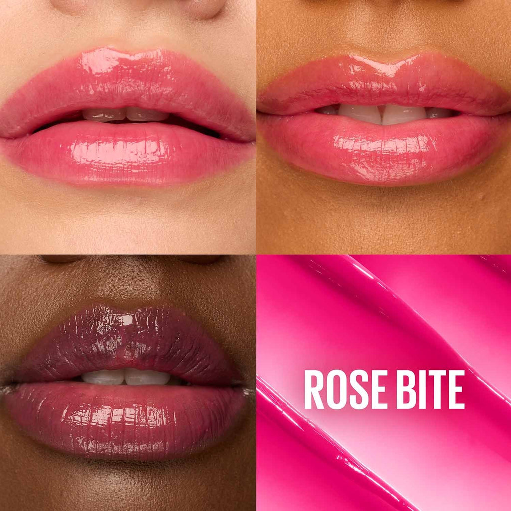 Refect Beauty Maybelline Lifter Glaze Lip Balm in Rose Bite shade showing glossy, hydrated lips on various skin tones