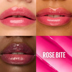 Refect Beauty Maybelline Lifter Glaze Lip Balm in Rose Bite shade showing glossy, hydrated lips on various skin tones
