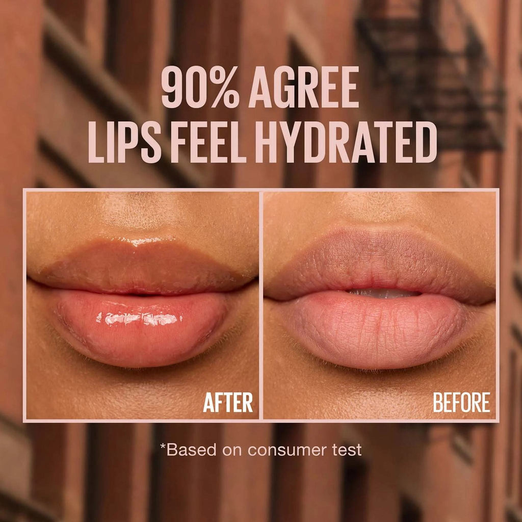 Refect Beauty Maybelline Lifter Gloss before and after comparison showing hydrated, plumper lips with a glossy finish.