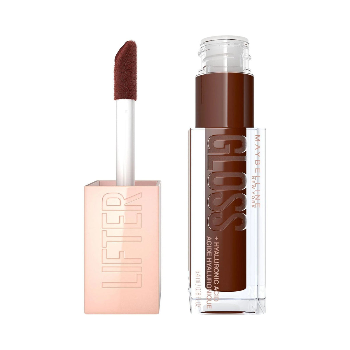 Refect Beauty Maybelline Lifter Gloss in a deep brown shade with an XL applicator wand for a hydrating, shiny finish.