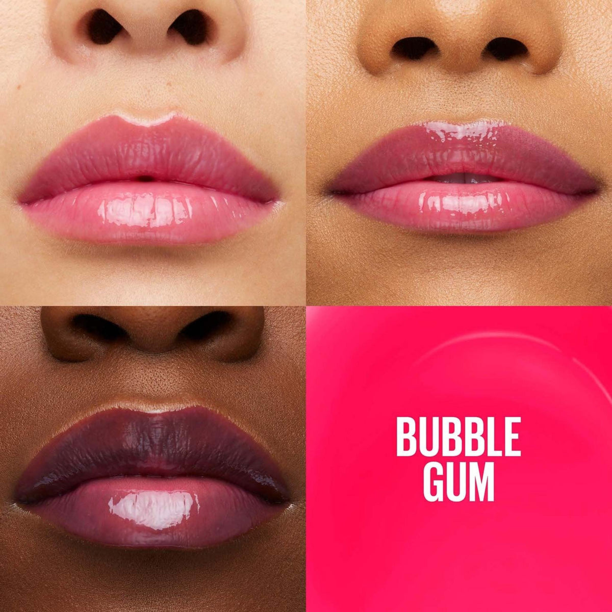 Refect Beauty Maybelline Lifter Gloss in Bubble Gum shade showing glossy, hydrated lips on diverse skin tones.