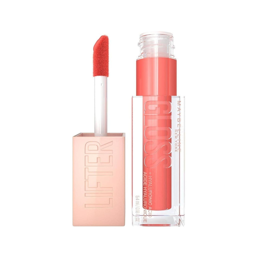 Refect Beauty Maybelline Lifter Gloss in coral pink with XL applicator wand for a hydrating, high-shine finish.