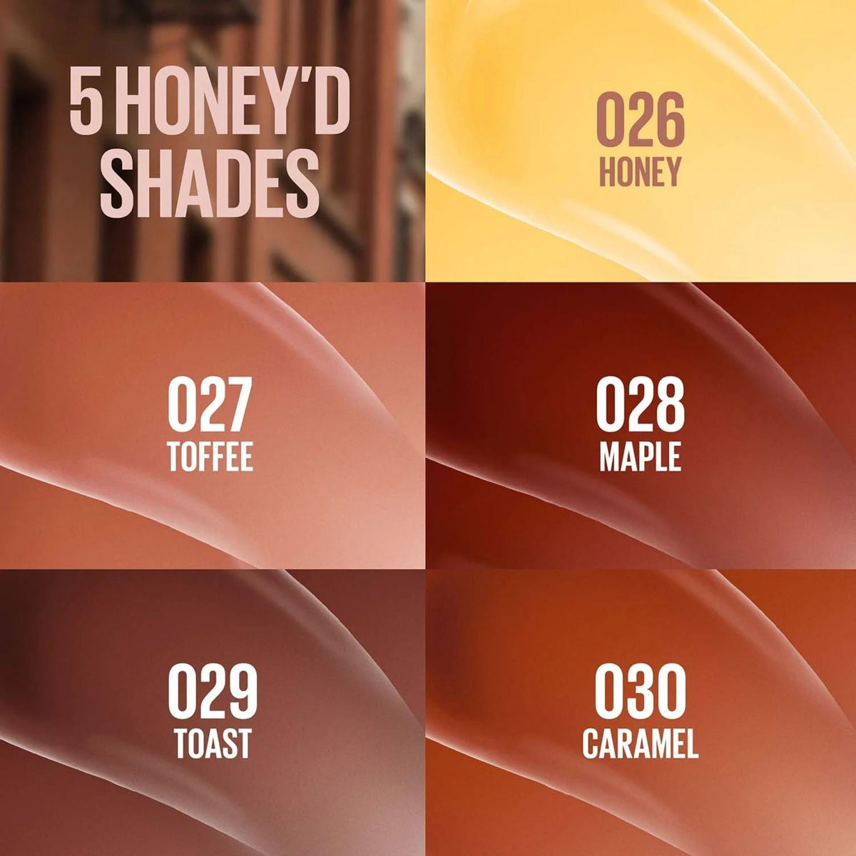 Refect Beauty Maybelline Lifter Gloss collection featuring five honey-toned shades with a radiant, glossy finish.