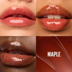 Refect Beauty Maybelline Lifter Gloss in Maple shade showing high-shine, plumping effect on diverse skin tones.