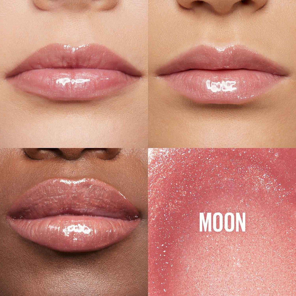 Refect Beauty Maybelline Lifter Gloss in Moon shade showing glossy, hydrated lips on diverse skin tones