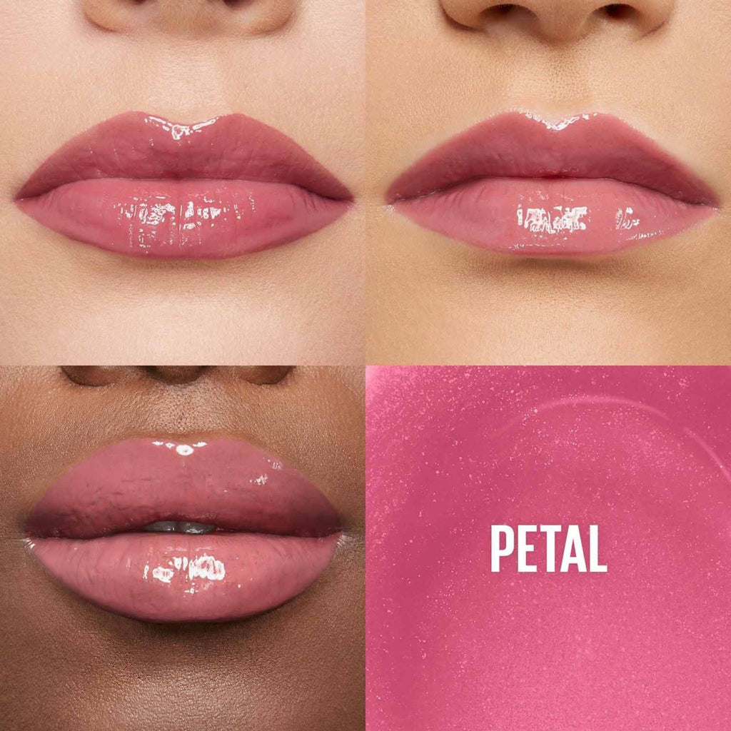 Refect Beauty Maybelline Lifter Gloss in Petal shade showing glossy, hydrated, and plumped lips on various skin tones.