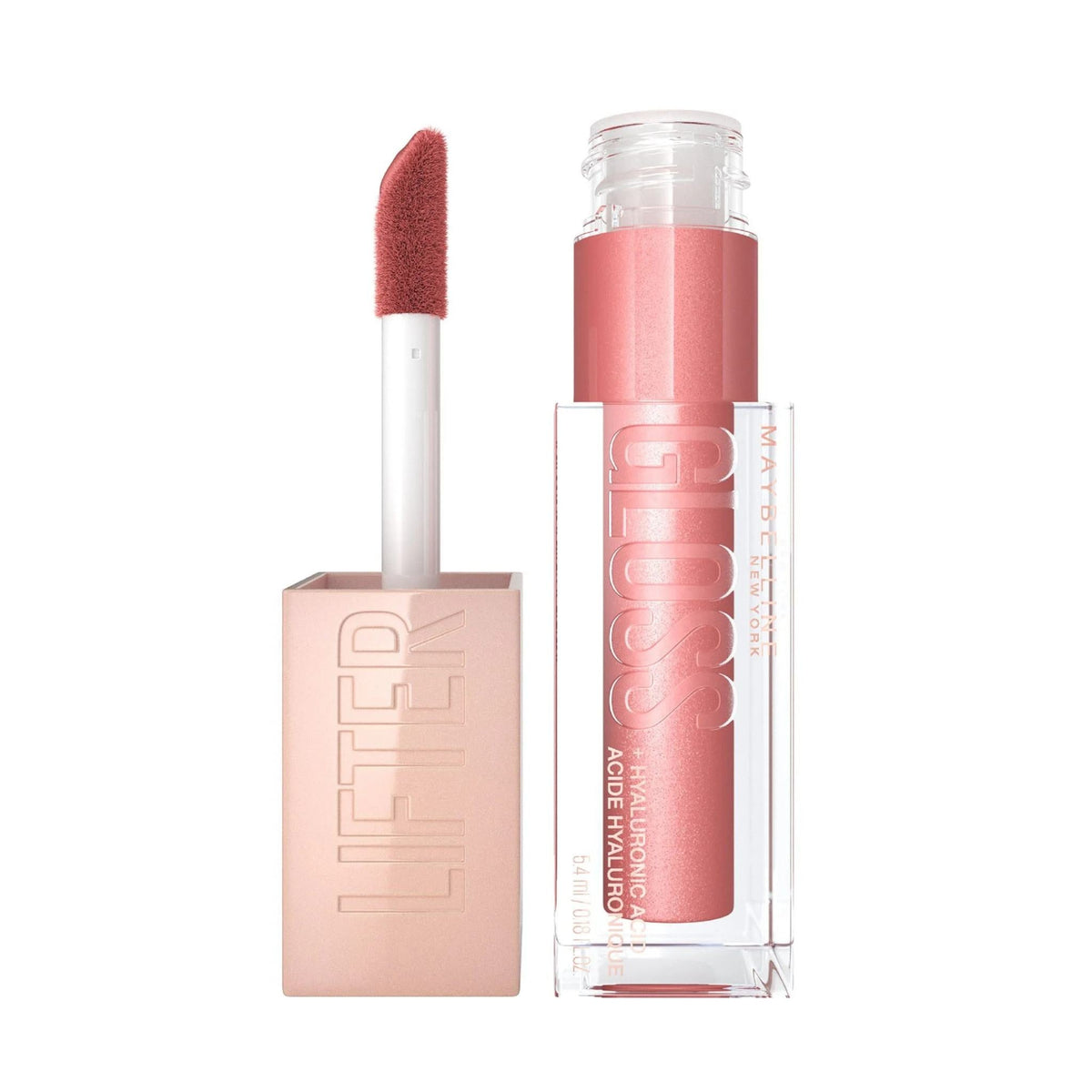 Refect Beauty Maybelline Lifter Gloss in a soft pink shade with an XL applicator wand for a hydrating, shiny finish.