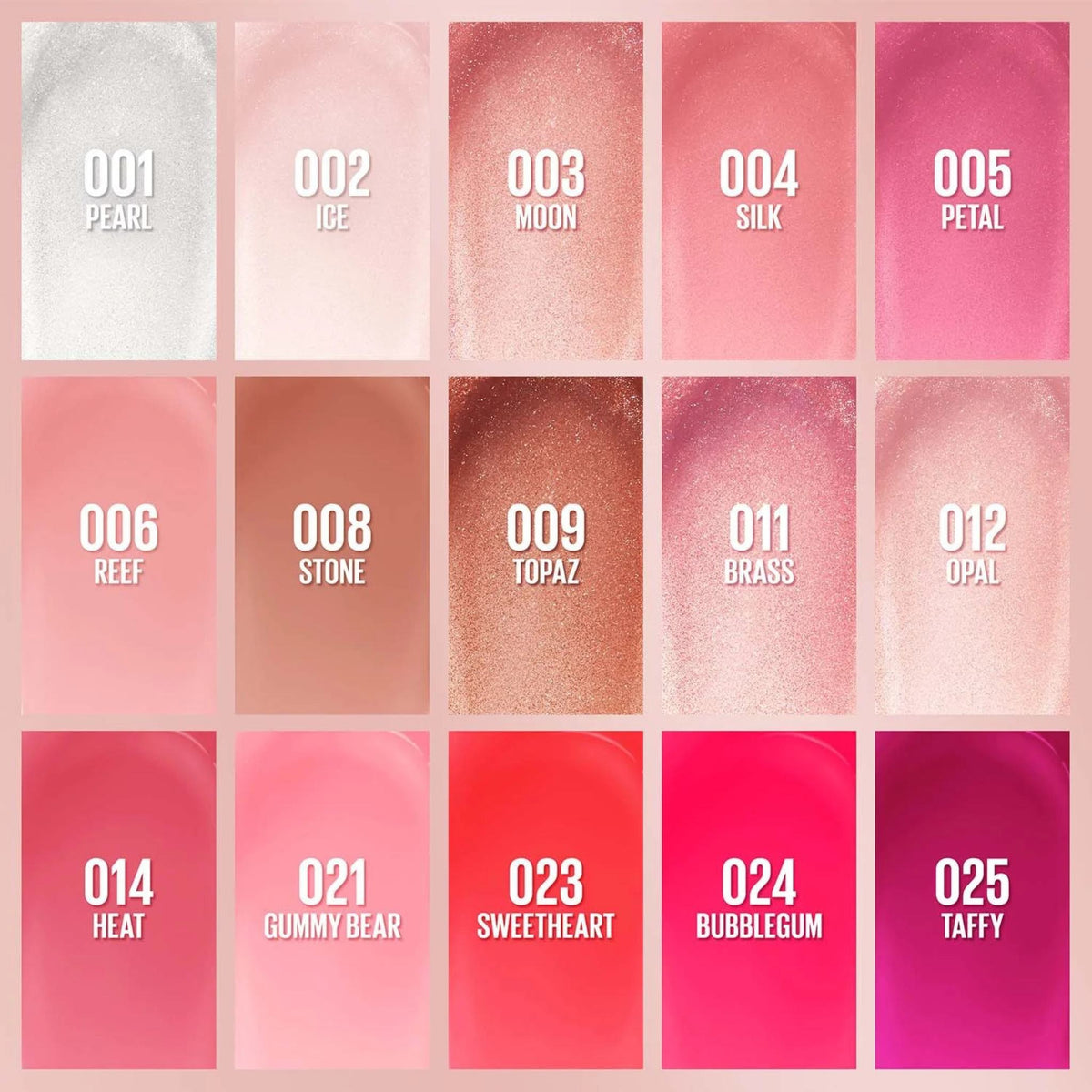 Refect Beauty Maybelline Lifter Gloss shade range showing 15 different colors with glossy, hydrating finishes.