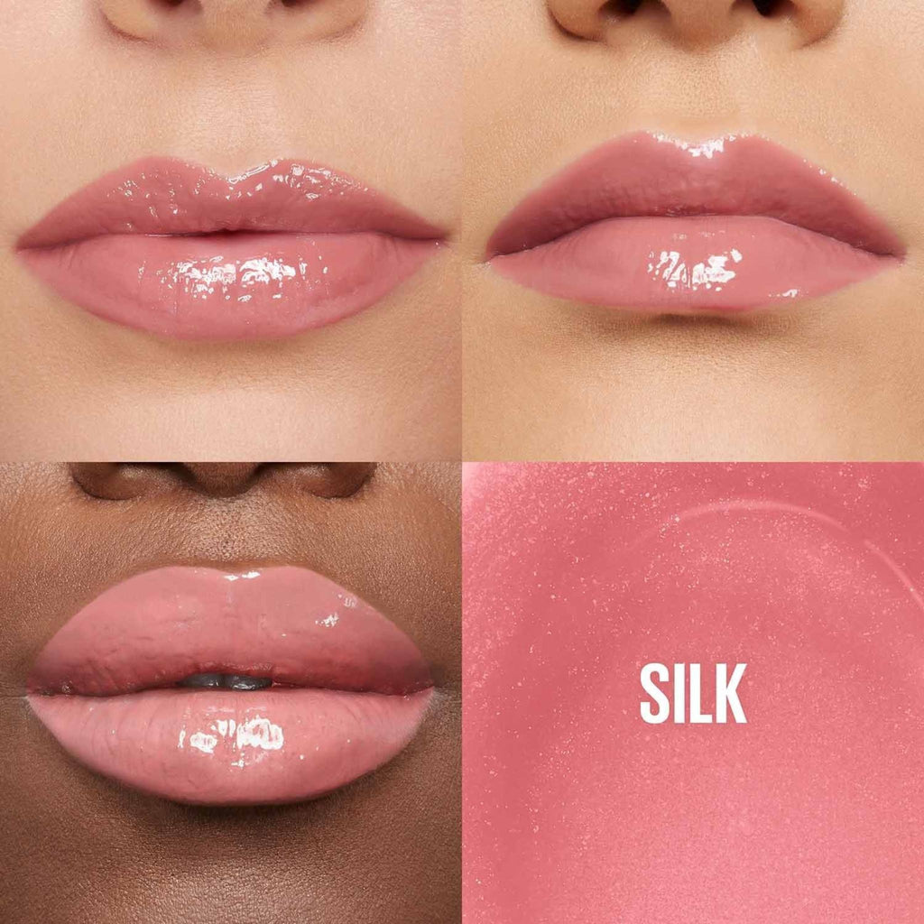 Refect Beauty Maybelline Lifter Gloss in Silk shade showing glossy, hydrated, and plumped lips on diverse skin tones.