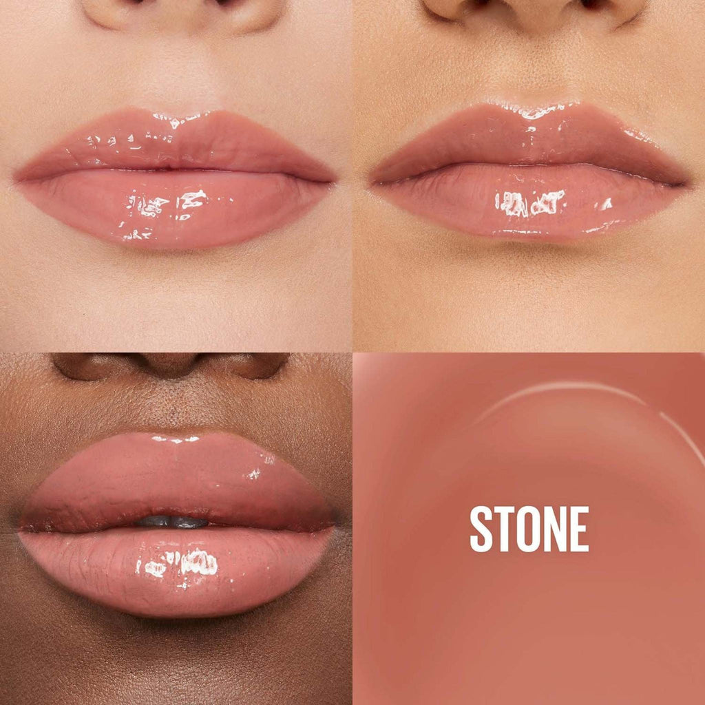 Refect Beauty Maybelline Lifter Gloss in Stone shade on diverse skin tones for a hydrated, high-shine plumping effect.