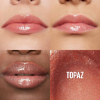 Refect Beauty Maybelline Lifter Gloss in Topaz shade showing glossy, hydrated lips and a shimmering product swatch.