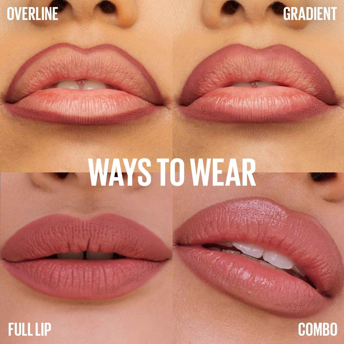 Refect Beauty Maybelline Lifter Liner lip liner showing four application techniques: overline, gradient, full, and combo