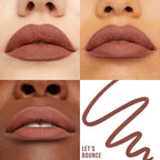 Refect Beauty Maybelline Lifter Liner in Let's Bounce shade, showing satin finish lip swatches on diverse skin tones.