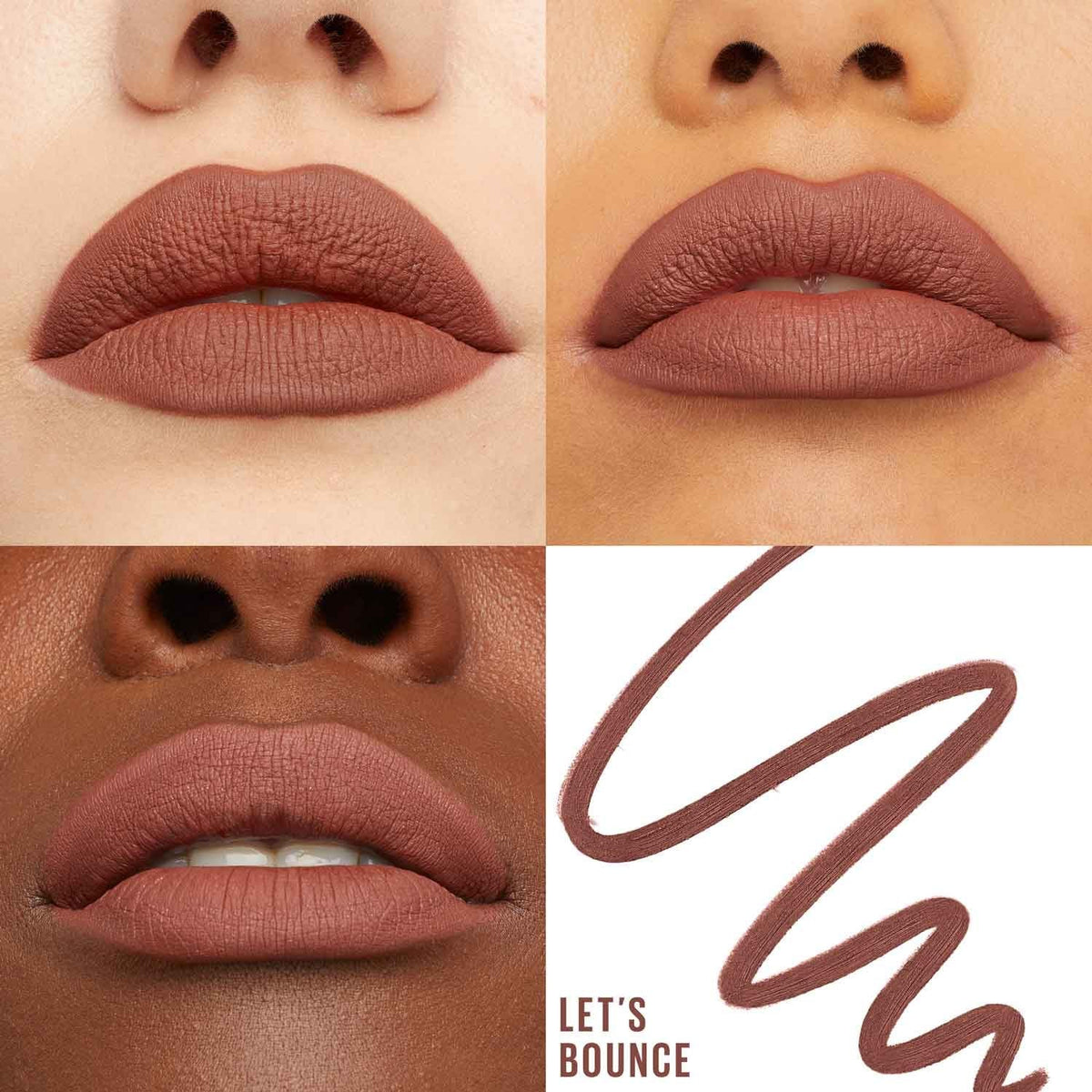 Refect Beauty Maybelline Lifter Liner in Let's Bounce shade, showing satin finish lip swatches on diverse skin tones.