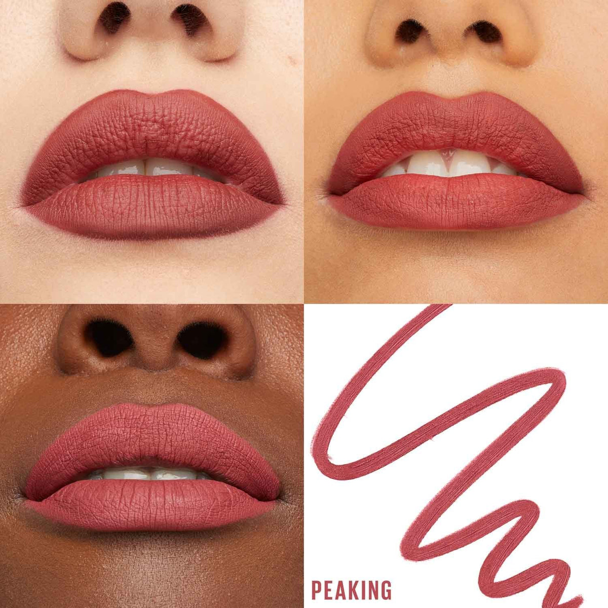 Refect Beauty Maybelline Lifter Liner in Peaking shade shown on three diverse skin tones with a lip swatch