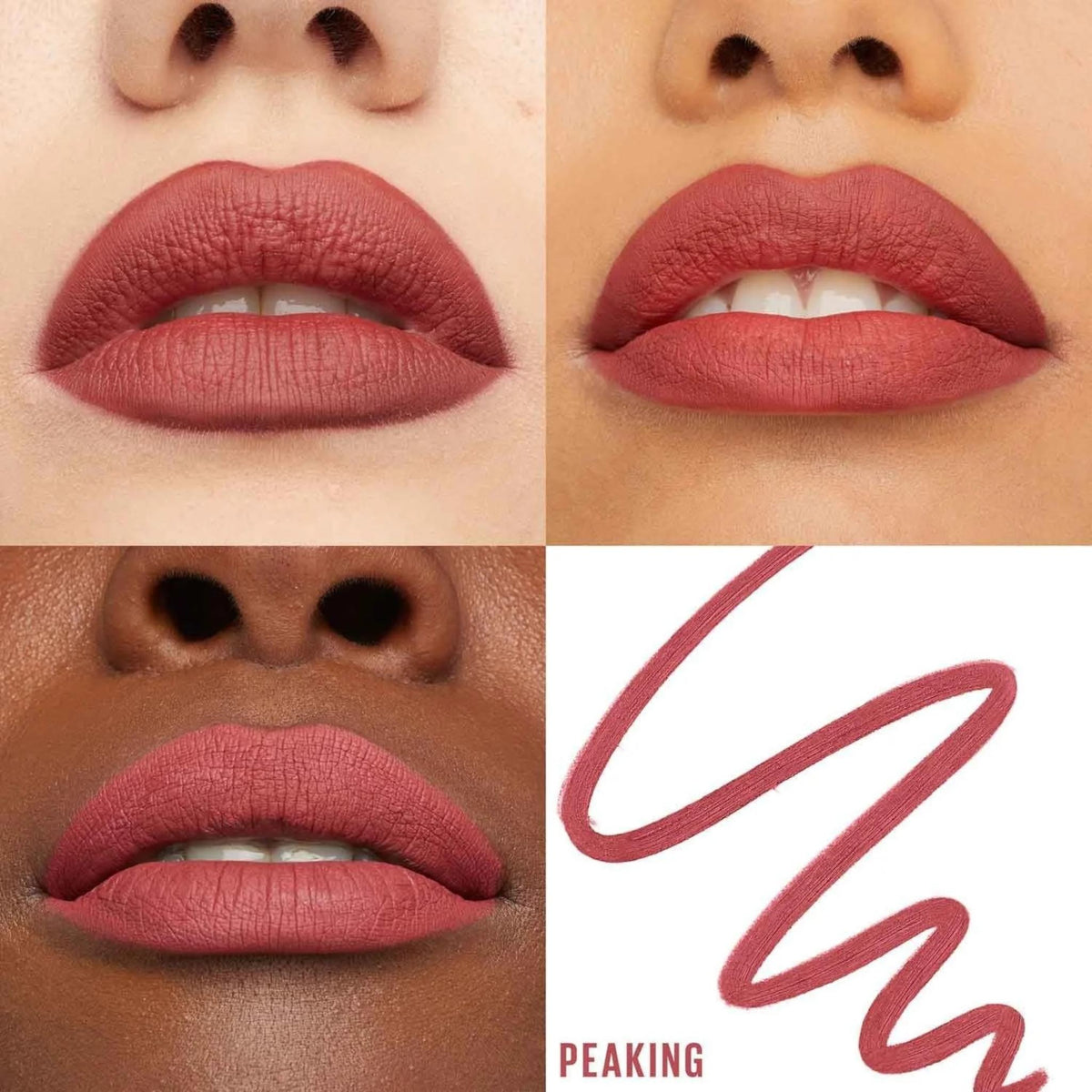 Refect Beauty Maybelline Lifter Liner in Peaking shade, showing satin finish lip swatches on three skin tones.