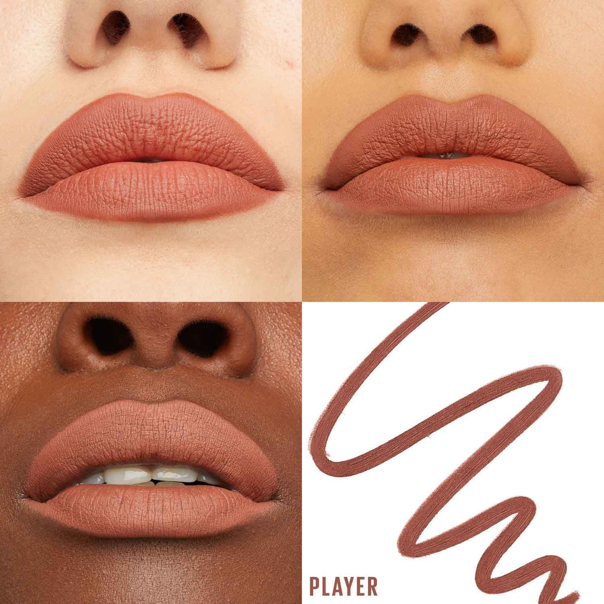 Refect Beauty Maybelline Lifter Liner in Player shade shown on diverse skin tones with a creamy satin finish swatch.