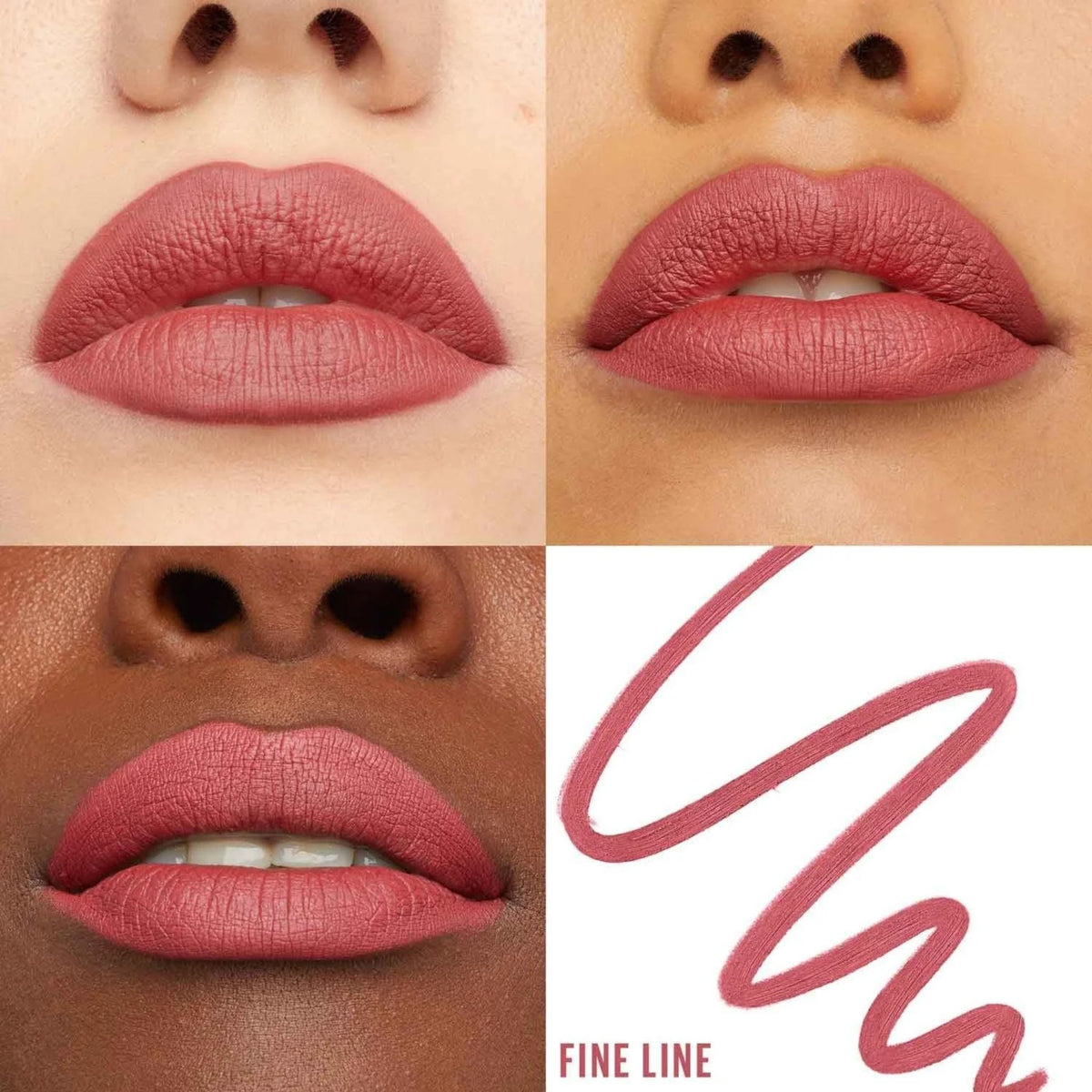 Refect Beauty Maybelline Lifter Liner lip liner in a dusty rose shade applied on diverse skin tones for a satin finish