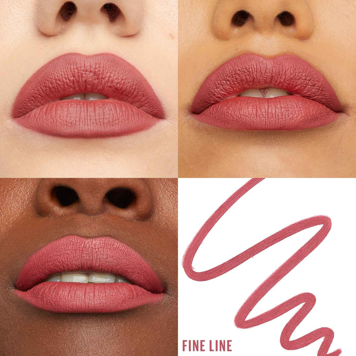 Refect Beauty Maybelline Lifter Liner lip liner in a dusty rose shade applied on diverse skin tones for a satin finish