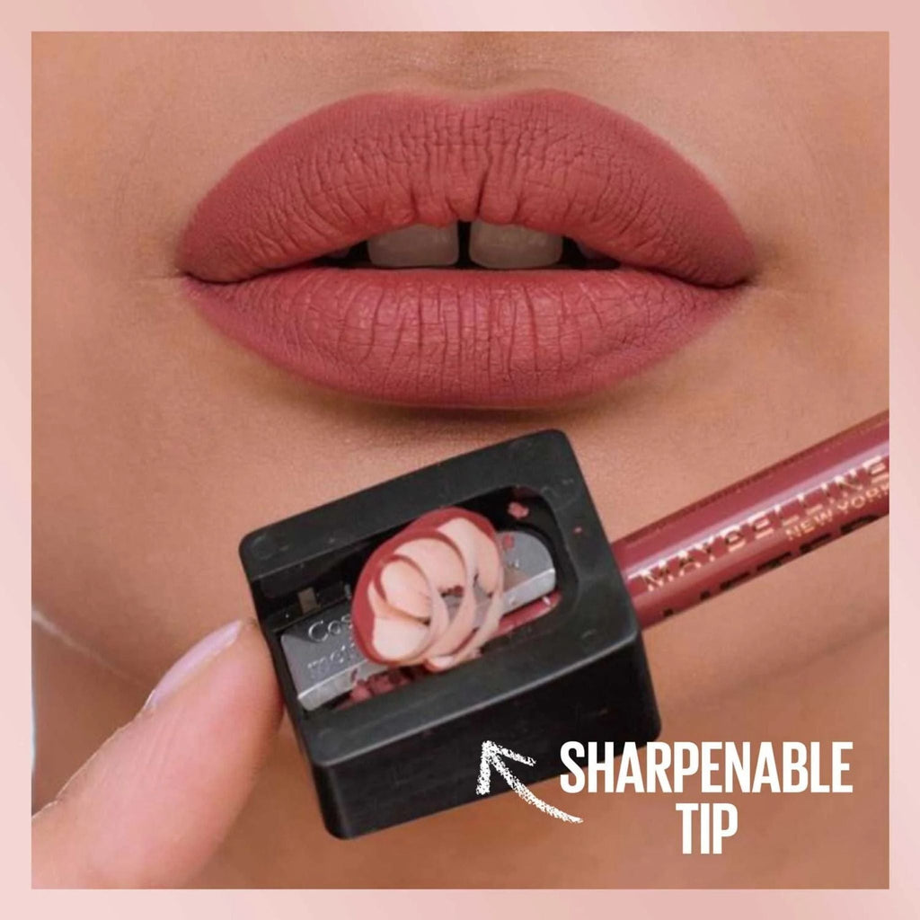 Refect Beauty Maybelline Lifter Liner lip liner in a dusty rose shade being sharpened for precise application