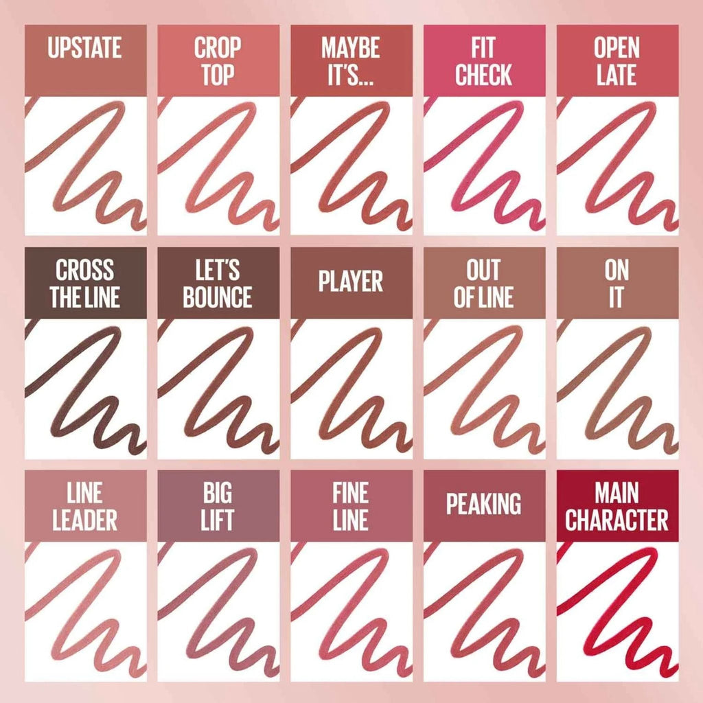 Refect Beauty Maybelline Lifter Liner lip liner shade swatches in various pink, nude, and red satin finish tones.