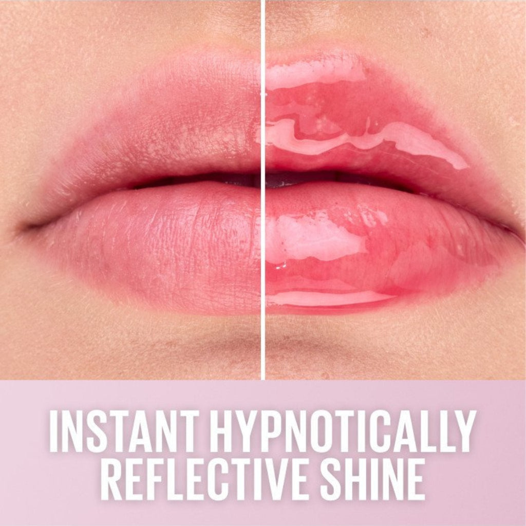 Refect Beauty Maybelline Lifter Gel lip oil showing a before and after comparison of hydrated glossy lips