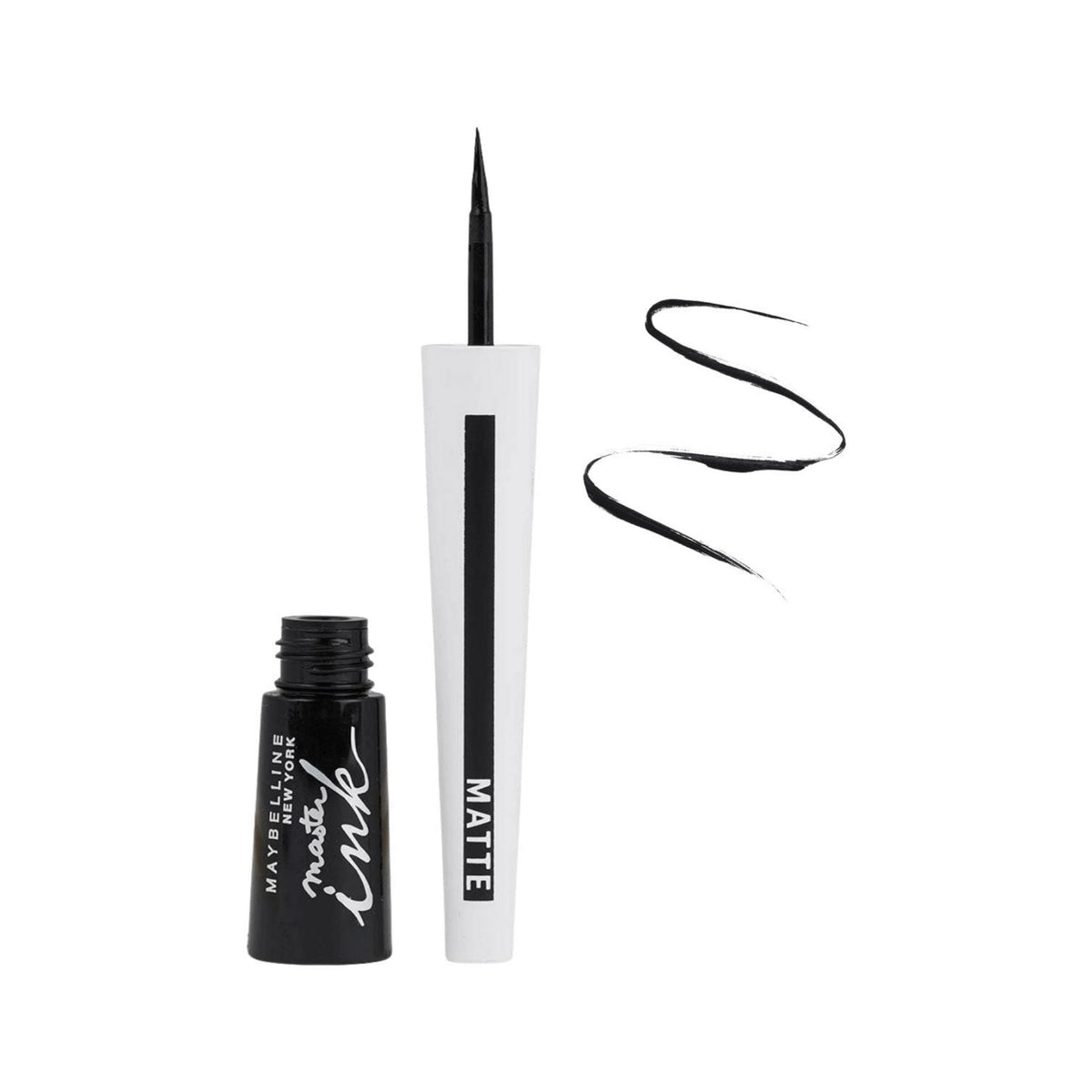 Refect Beauty Maybelline Master Ink liquid eyeliner with a fine-tip applicator and intense black matte swatch