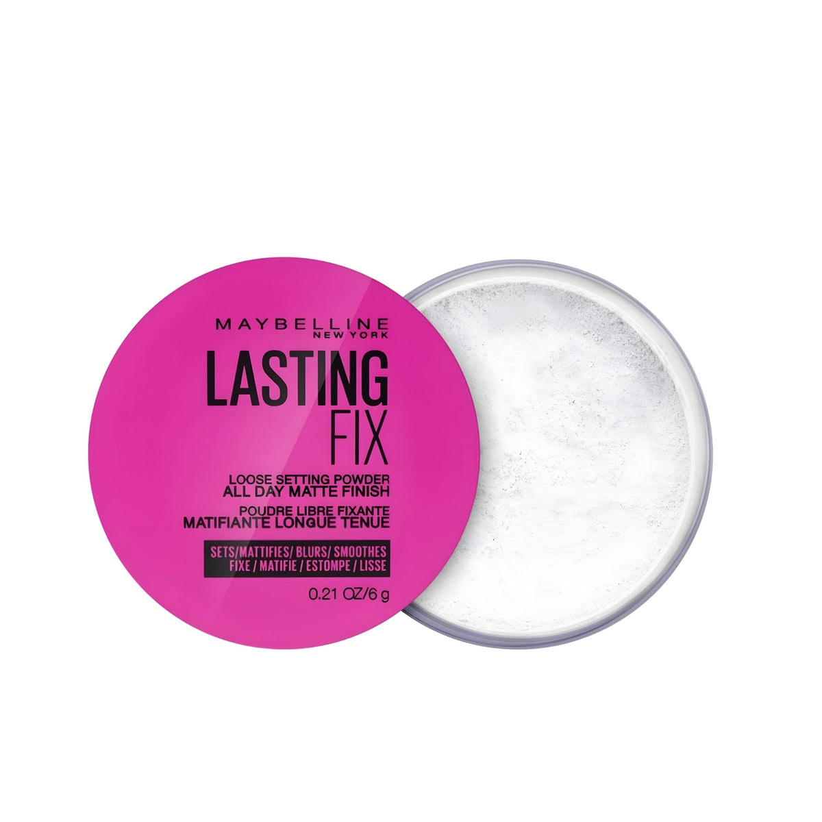 Refect Beauty Maybelline Lasting Fix loose setting powder with a bright pink lid and translucent matte finish