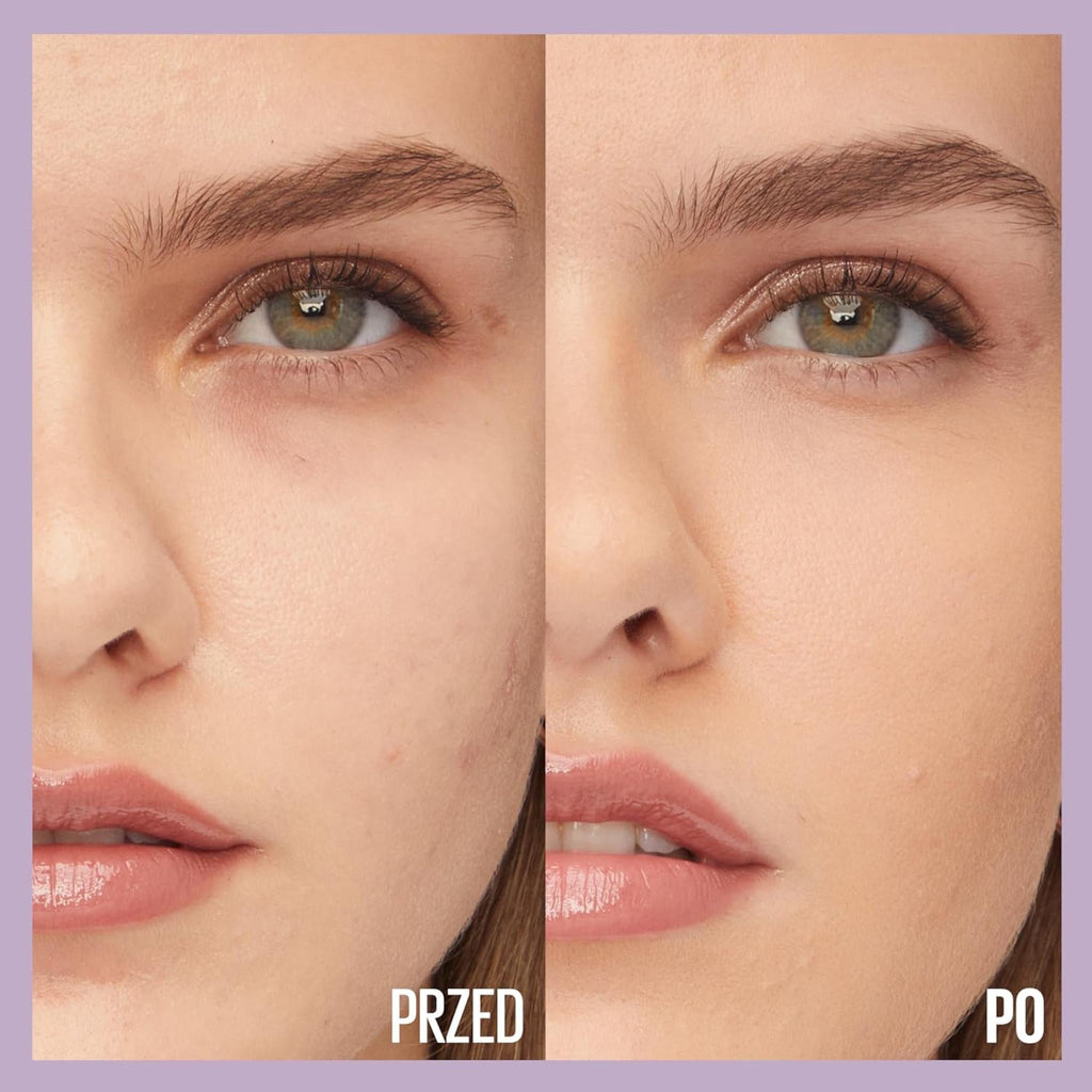 Refect Beauty split-screen comparison showing skin before and after applying Maybelline Super Stay 30H Lumi foundation.