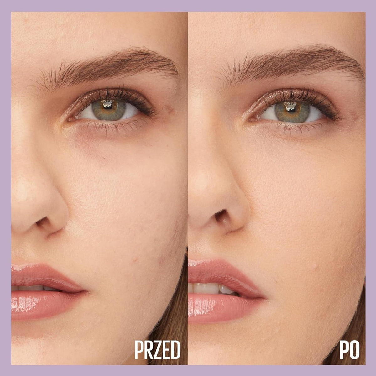 Refect Beauty split-screen comparison showing skin before and after applying Maybelline Super Stay 30H Lumi foundation.