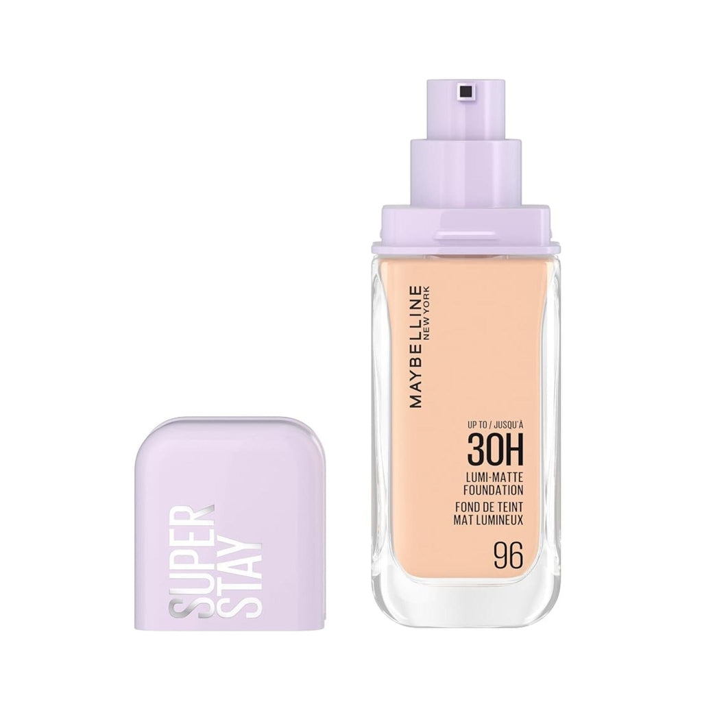 Refect Beauty Maybelline Super Stay 30H Lumi Matte Foundation in shade 96 with a light purple cap and pump bottle.