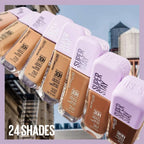 Refect Beauty collection of Maybelline Super Stay 30H Lumi Matte Foundation bottles in various skin tone shades