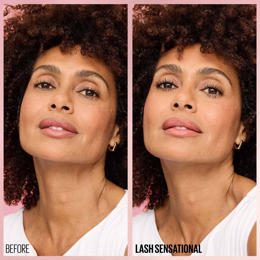 Refect Beauty before and after comparison of Maybelline Lash Sensational mascara showing fuller, fanned-out lashes.