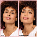 Refect Beauty before and after comparison of Maybelline Lash Sensational mascara showing fuller, fanned-out lashes.